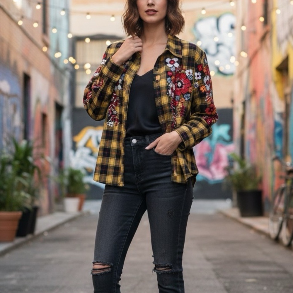 Boohoo Yellow Plaid Flannel with Floral Embroidery & Embellishments
